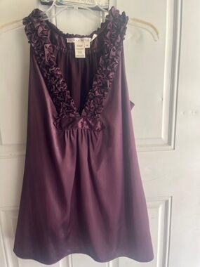 Max Studio silk look soft ruffled long top in Elegant eggplant purple